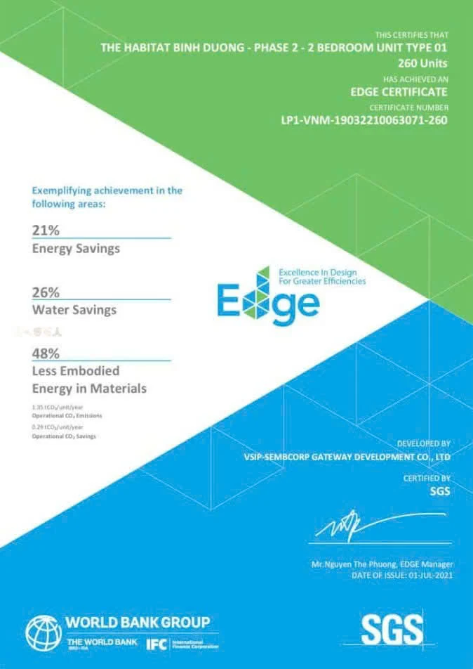 Chứng nhận EDGE của Habitat Bình Dương giai đoạn 2, căn 2 phòng ngủ loại 01